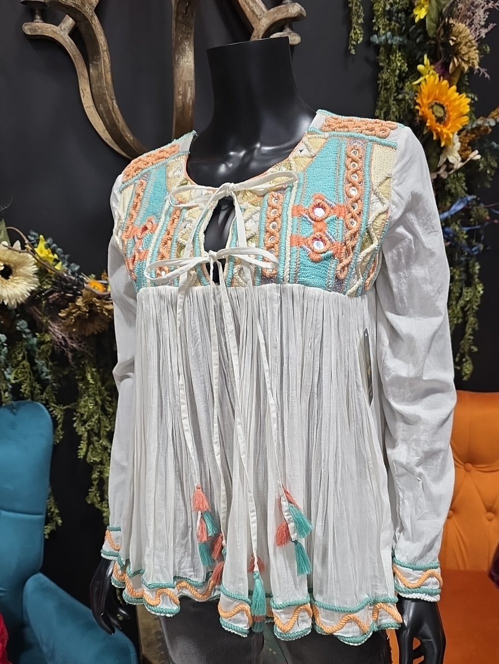 RAGA White Blouse with Turquoise & Coral Embroidered Yoke